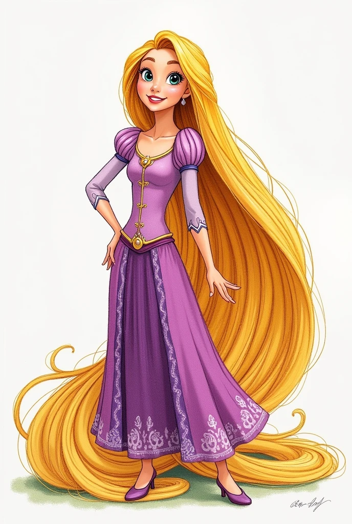 Disney's Rapunzel, representing his personality with his pose , half body ,let your hair surround the image ,
in crayon and pencil