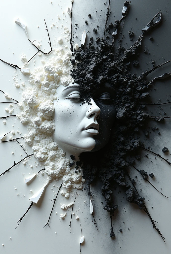 Create an image where the white color is attacked by the black color, where black did not exist before and white begins to take over. Represented with paint and porcelain texture. And let it all come out through the cracks of a broken mirror