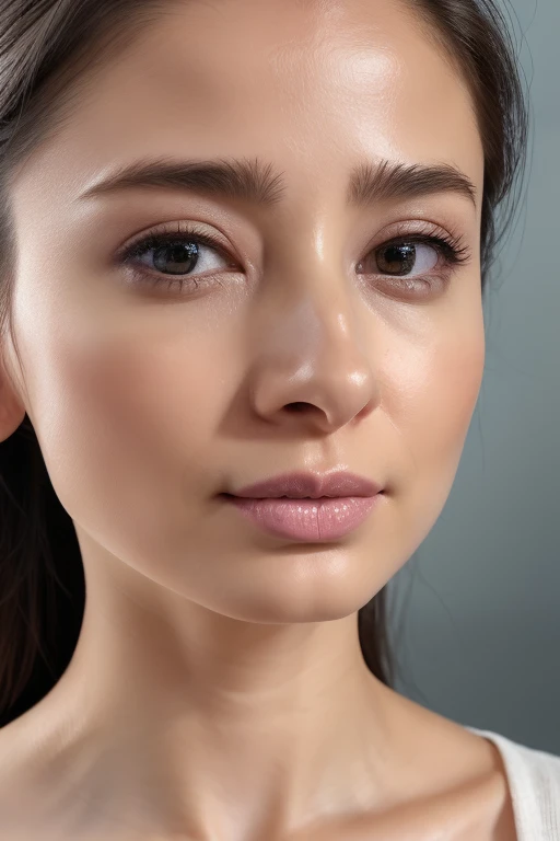 Taylor Hill、High resolution realistic photos,8k,Realistic skin texture,to be born々New People々々々々々,1 girl,Tabletop,,Awards - Winning Photos, Very detailed, close your eyes, Nose and mouth,Face Focus, Extreme close up of face、口を開けてclose your eyesいる女性, Black camisole、20-year-old,Black-haired、Symmetrical face,Realistic nostrils、Angle from below、Elongated C-shaped nostrils,((Gray background))、Sweaty skin、汗でGlowing Skinを強調する照明、((Sharp Nose))Skin shiny with sweat、Glowing Skin、Sweaty hair、sunlight、(Brow wrinkles)((Frowning))、((Thin eyebrows))((Oily skin、Glowing Skin))、double eyelid、Tied Hair、Updo、Lift your head((Super wet skin))(((nasal septumが広く見えるprofile,nasal septum,profile)))profile