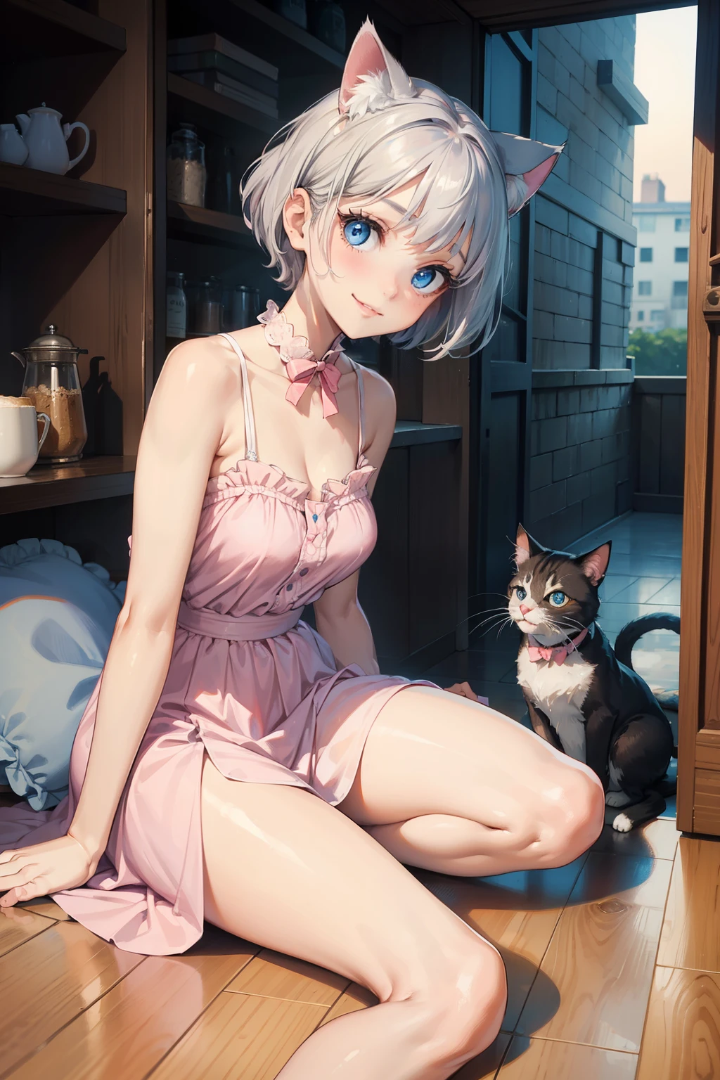 (masterpiece), (best quality), (High quality), high resolution, BREAK expressive eyes, perfect face, 1girl, grey cat ears: 1.5, medium hair, grey hair, pixie cut, BREAK, (big eyes, perfect eyes, blue eyes, thick eyelashes, thin eyebrow, BREAK short height, slim bulid, wide smile, medium breasts, BREAK (long pink sundress: 1.4, loose fit, sleeveless, bare arms), white stockings, pink ballerinas BREAK (lying on floor and playing with cats), (looking at the cats), full body, view from the front, (inside cat caffee),Bloom, 