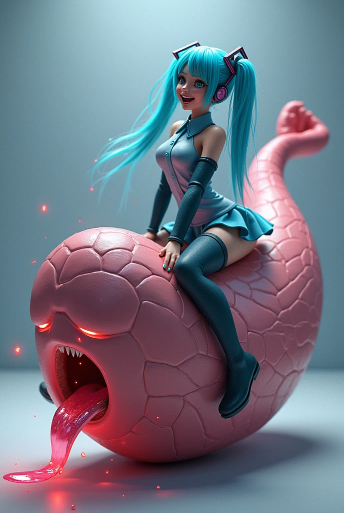 Hatsune Miku riding a male reproductive system with an excited face