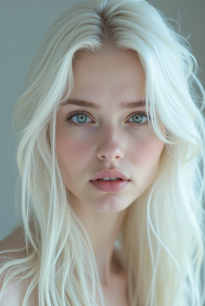 Generate the appearance of a woman with these characteristics:
along her white blonde hair. The color was so light,
Her hair was almost platinum white and a silver tone that illuminated her round face. It made his grey eyes open.
