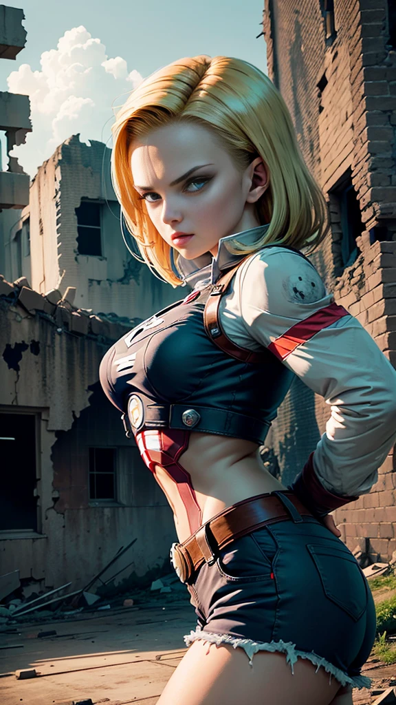 Android 18 Female version of Captain America background mechanical ruins, segurando o escudo do captain america