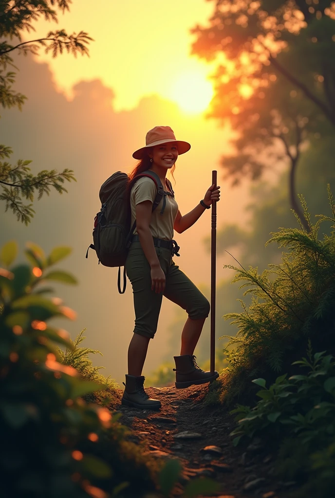 Photorealism 1.4 realistic realism high detailed definition Malay adult women climbing hill wearing adventure attirecamping backpack smile hold stick smoke effect sunlight silhouette background forest asian rainforest