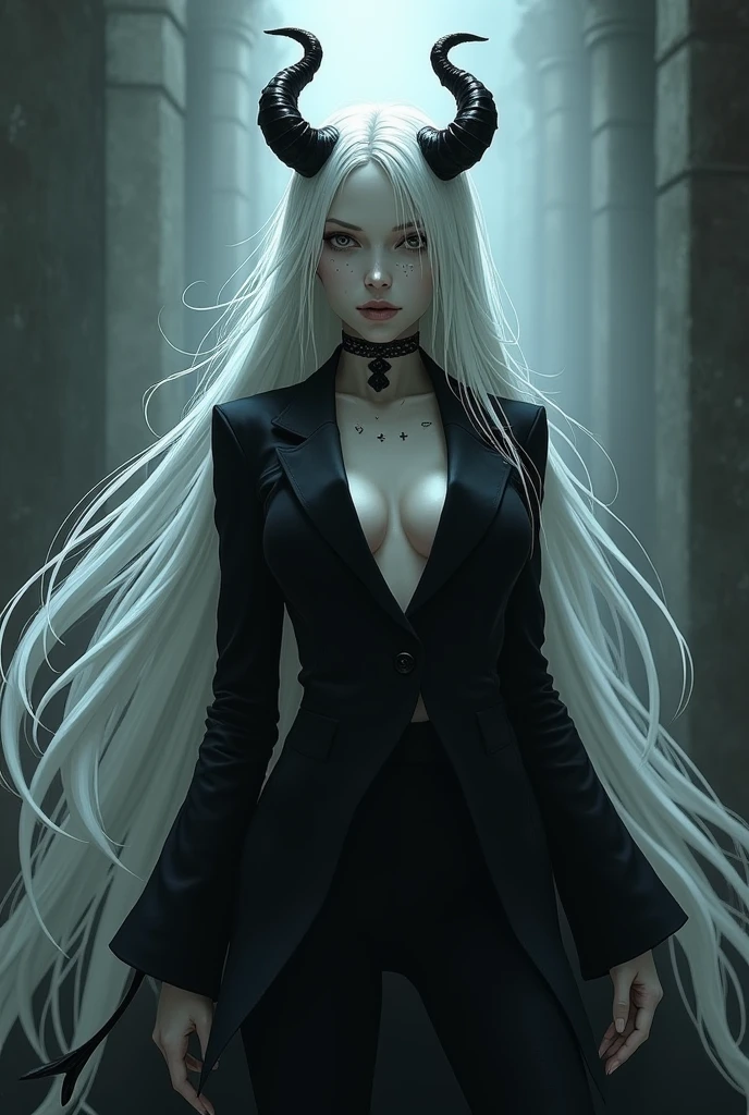 [Selene, a girl with white hair, white skin, her eyes were white and without pupils, and she was a demon girl, she had black demon horns, she wore a black suit, but she had pointy shoes that she used as a weapon as well]