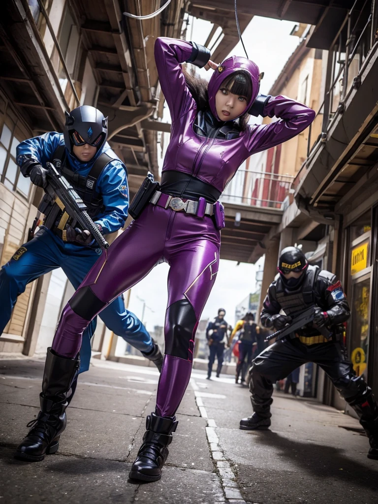 Heroine of the Sentai team engaging in a gunfight with a monster,