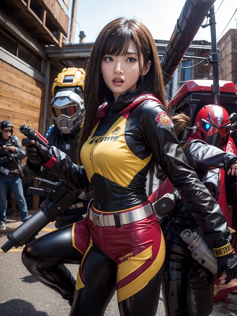 Heroine of the Sentai team engaging in a gunfight with a monster,