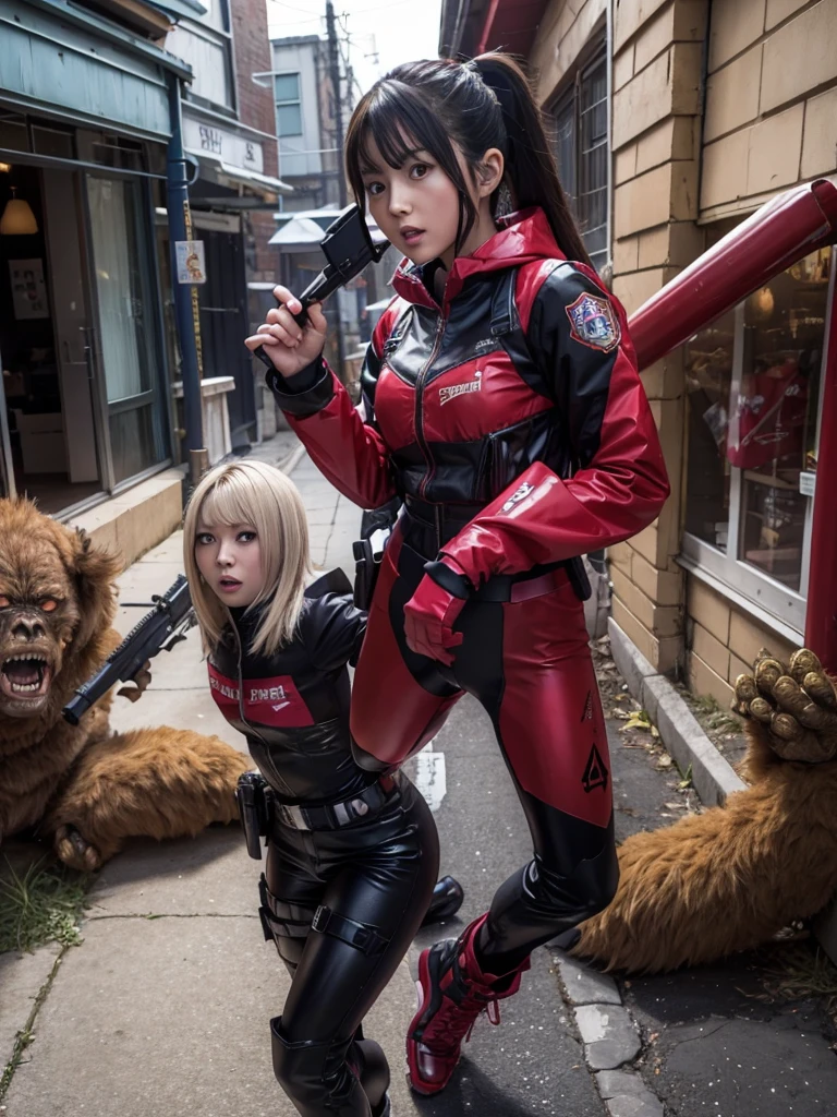 Heroine of the Sentai team engaging in a gunfight with a monster,