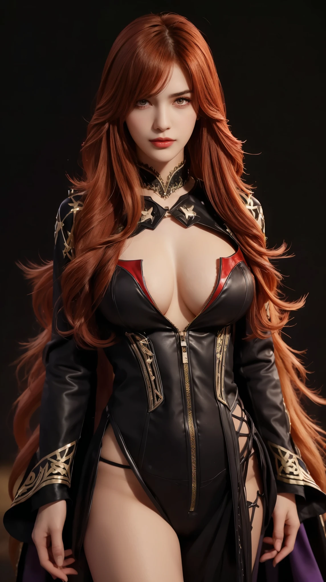 8K, Top Quality, Intricate Details, Ultra Detail, Ultra High Resolution, Masterpiece, close up shot, (full body: 1.1), Slender, Smile, (Makeup: 0.4), (Fluffy purple Eyes: 1.21), ((red eyes)), 1girl, solo, 1 girl, ((red hair, bangs, messy hair, long hair)), close up shot, , ((tall)), (((fit body))), (((slim face))), sharp face, Abaya, ((abaya, ABAYA, abaya)), abaya, (detailed face), sharp face, small lips, , , ,
((, )), , ((,)), detailed face, detailed breast, , ((large breast, huge breast)), detail ass, Narrow Waist, Skinny, tall , 175 cm tall, Muscular, Navel, Exposed Abdomen, Exposed belly, Pointed Chest,, Beautiful girl with accentuated slender abs: 1.4, Six Pack Abs: 1.4, Bust Botox, Big, Perfect Body, detail leg, (( dark background)), black background,