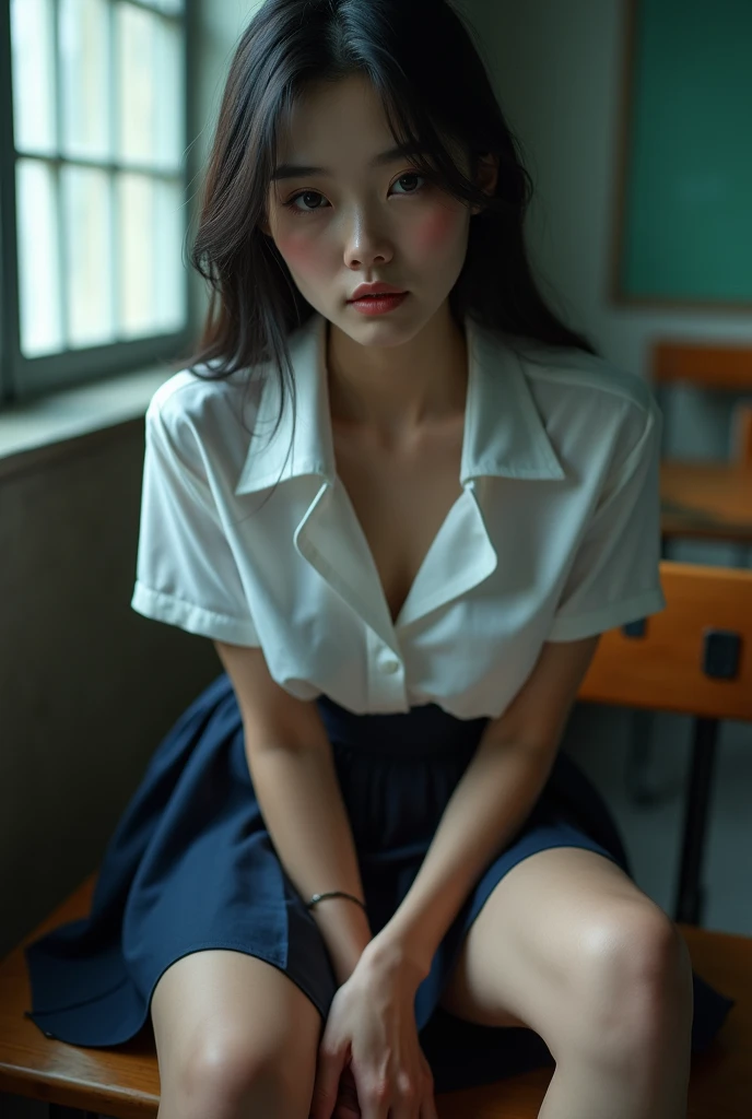 1 beautiful young girl, extremely detailed eye and face, Realistic, extremely detailed CG unified 8k wallpaper, Very detailed, high-definition RAW color photography, professional photoshoot, Realistic portrait, Cinematic Light, Beautiful detailed, Blushing, Ashamed, (Beautiful breasts:1.3), (nedium breasts:1.2), (Realistic skin:1.2), (Best Quality:1.4), Super Detail, High quality, (Open school uniform:1.3),(No Underwear:1.5),(Revealing breasts:1.8), (Mini skirt), (:1.5), More about Carmelt, Indoors, School, Sitting, legs are open, hot wet Verry sexy(View from below:1.2),