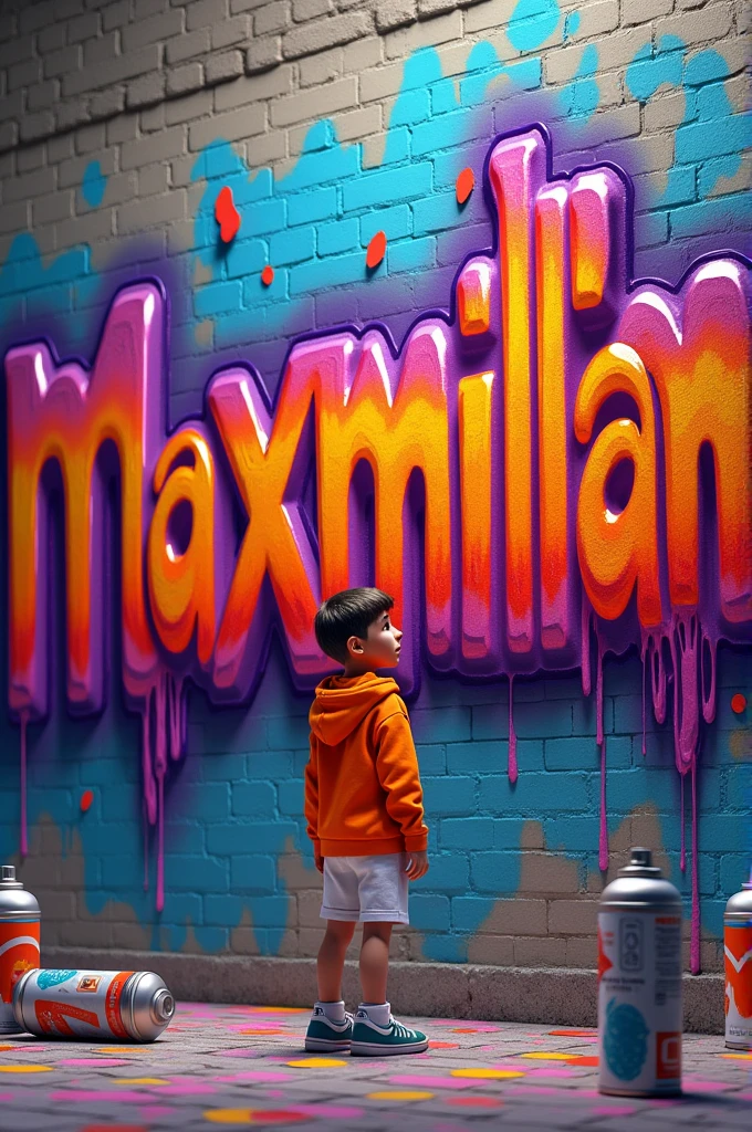 "A vibrant street art scene with a young boy in an orange hoodie and white shorts, holding a spray can, facing a large brick wall. The wall features the word 'MAXMILLIAN' in bold, dripping, 3D graffiti letters with a neon gradient effect ranging from deep purple to fiery orange. The graffiti has a realistic, glossy texture, with paint dripping down the wall, creating a dynamic and colorful atmosphere. The boy, standing on a sidewalk, is surrounded by spray paint cans, suggesting he just finished creating the artwork."