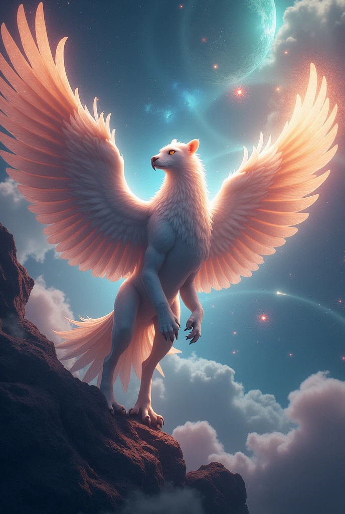 A majestic griffin flying through a cosmic space fantasy scene. The griffin, with the body of a lion and the head and wings of an eagle, has glowing feathers that reflect the light of distant stars. Surrounding it is a backdrop of vibrant nebulas and planets, with ethereal patterns on its wings. The scene combines elements of both fantasy and sci-fi, showcasing the griffin's powerful and mystical presence as it soars through the universe.