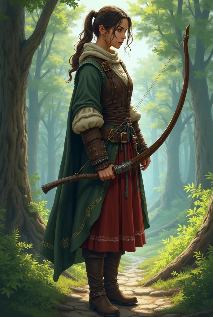 Only medieval clothes of a female hunter, semi-realistic style, almost anime