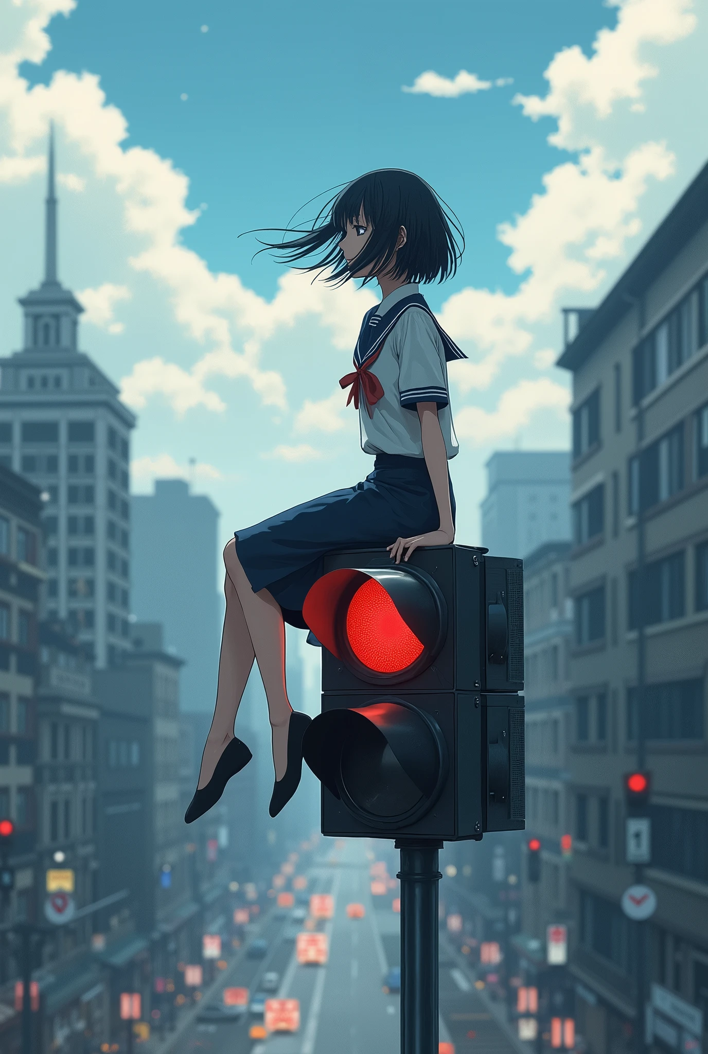 High school girl sitting on a traffic light、Black Hair、Bobcut、Beautiful Face、Japanese、Hair blowing in the wind、Real、Cloudy