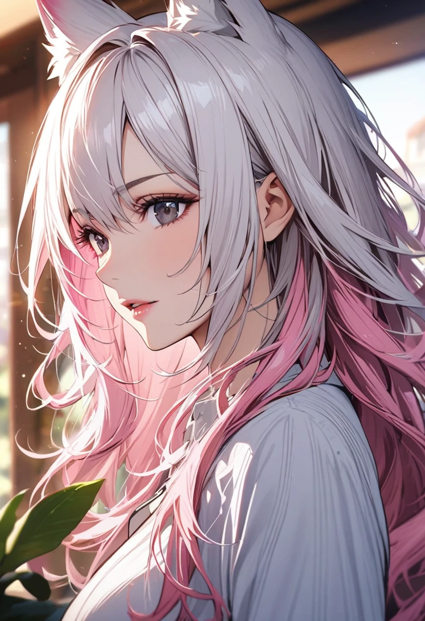 girl, mature, adult, fox ears, white hair, pink hair, long hair, black eyes, beautiful eyes, beautiful color, high detail, beautiful background