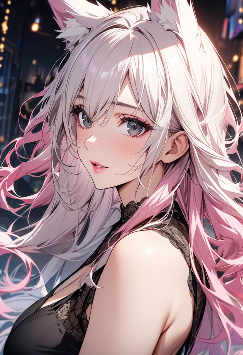 girl, mature, adult, fox ears, white hair, pink hair, long hair, black eyes, beautiful eyes, beautiful color, high detail, beautiful background
