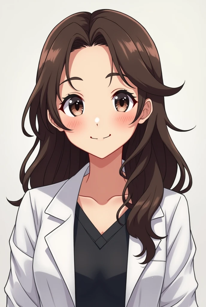 A brunette girl with slightly wavy long hair with a hairdo on her forehead, Latin features and a smiling lab coat in black and white. Anime version