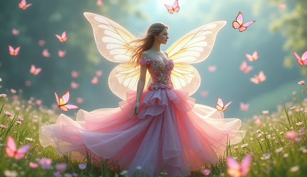 Wearing a pink dress made of flowers and sparkling wings. She stands in a field surrounded by butterflies..