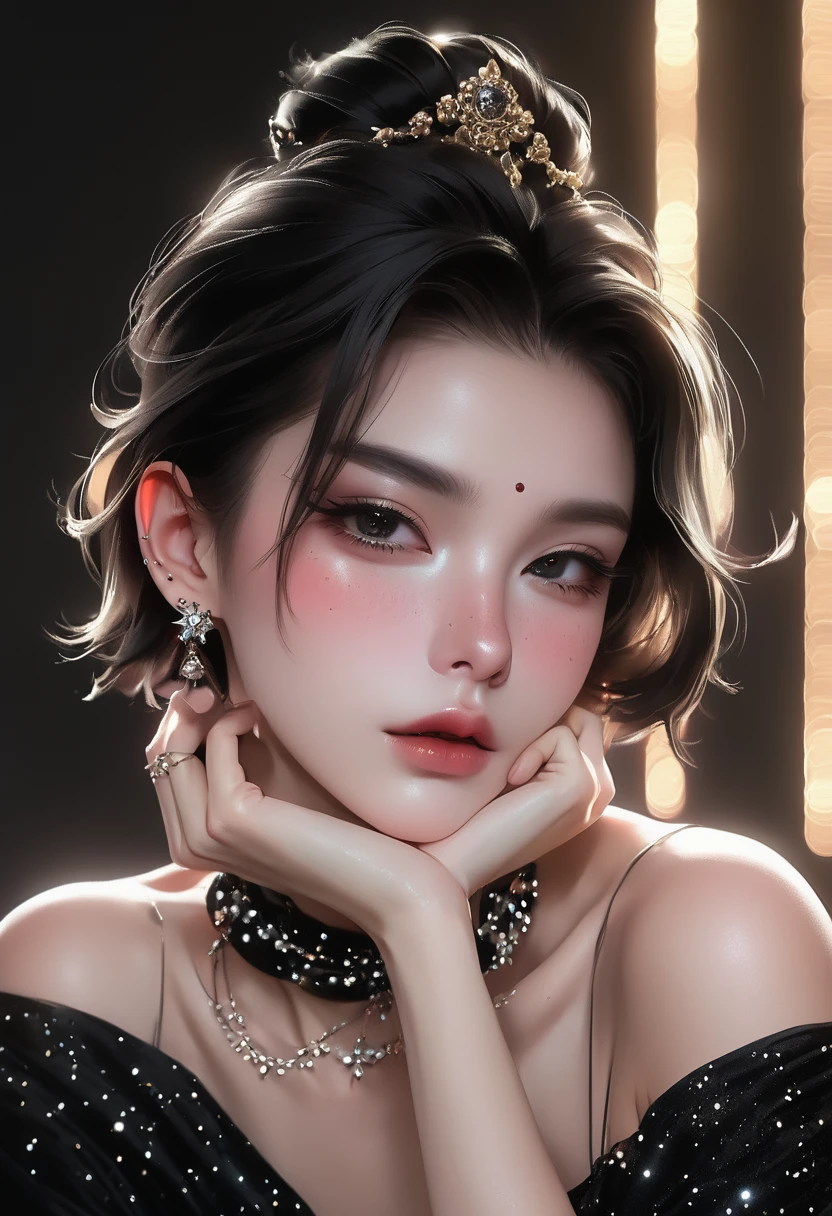 1 Girl,Solitary,Exquisite facial features,Dark eyeshadow,small freckles,Back lip,Slender neck,Hands touch chin,Exaggerated jewelry,Short and smooth hair,Detailed hair accessories,Glowing skin,High collar off-shoulder short sleeves,Looking at the camera