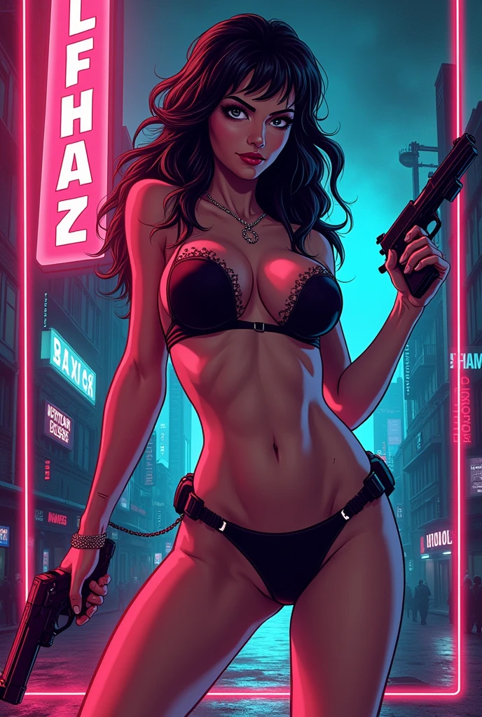 80s style poster naked woman holding gun