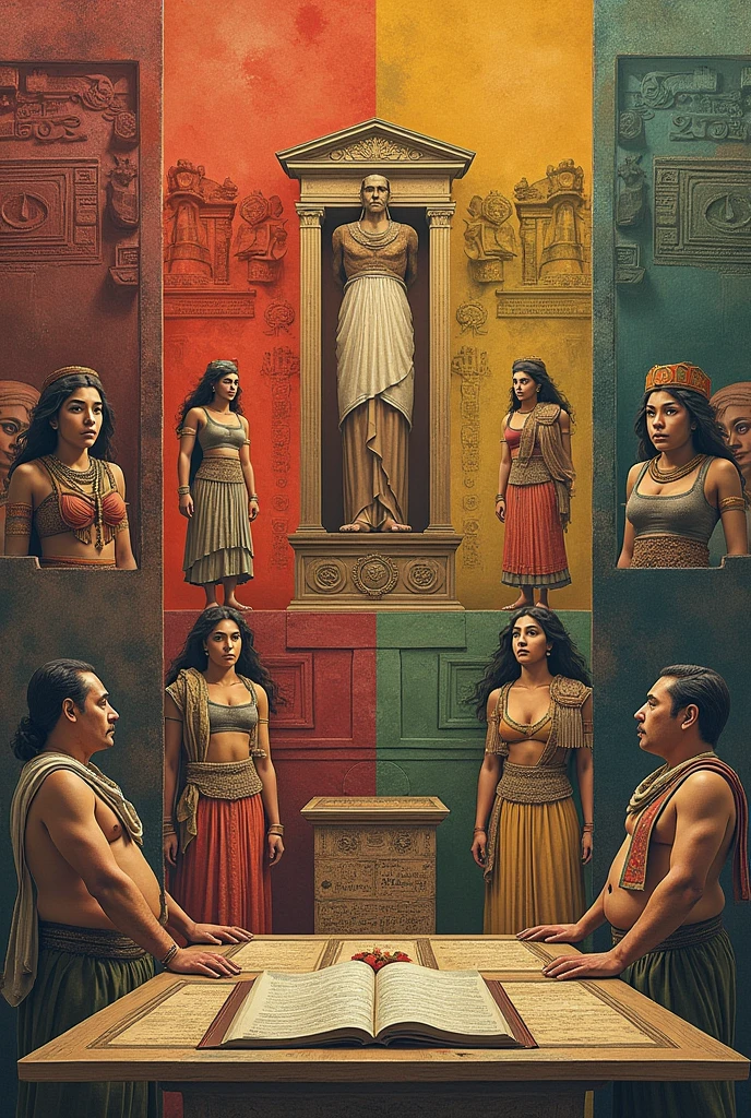 Create a digital collage about Pre-Hispanic law: Maya and Mexica (azteca) Minimum 8 images, 2 of each right: Penal, civil, Family and Commercial.