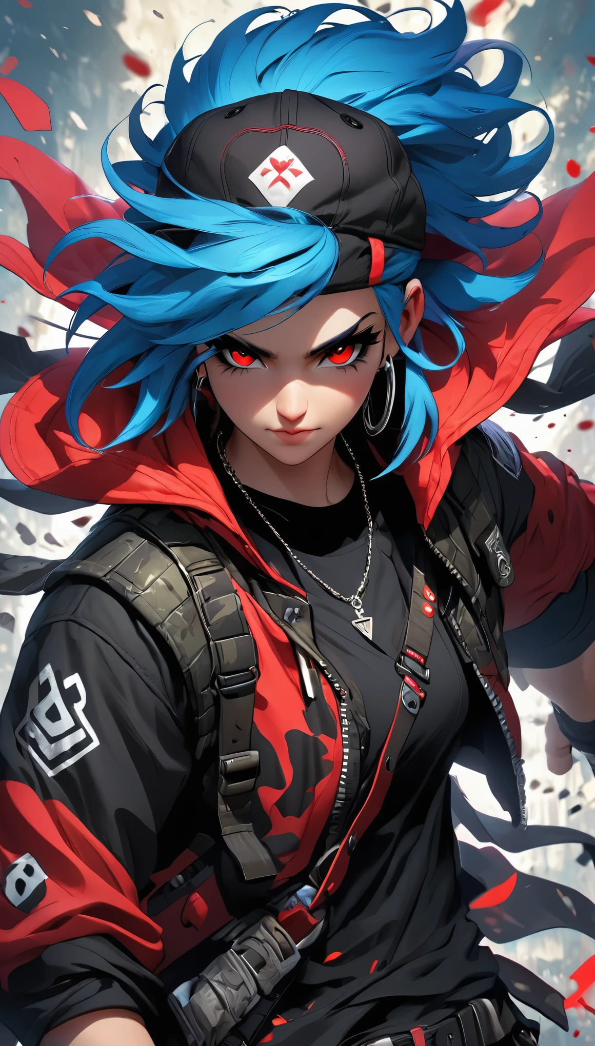 1boy,The image portrays a stylized,animated character with striking blue hair,sharp red eyes,and a confident expression. he wears a black baseball cap with a red symbol,a camouflage jacket,and a silver pendant around her neck. Behind her,there's a hint of a blade or weapon,suggesting a warrior or combatant theme. The backdrop is a vibrant red,which contrasts with her attire,making her stand out,, masterpiece,best quality,