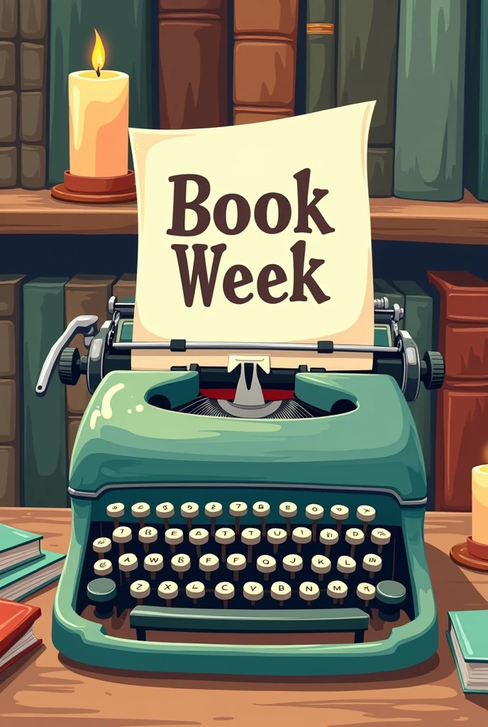 Image of the book week that is a typewriter and that on the sheet that is coming out of the typewriter it says "Book Week" and it looks cartoonish but vintage and has one or two candles around it and some books in the background