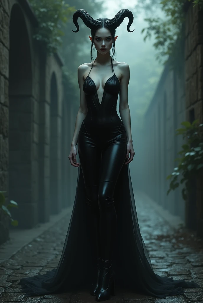 [Selene, a girl with white hair, white skin, her eyes were white and without pupils, and she was a demon girl, she had black demon horns, she wore a black suit, but she had pointy shoes that she used as a weapon as well] (NSFW)