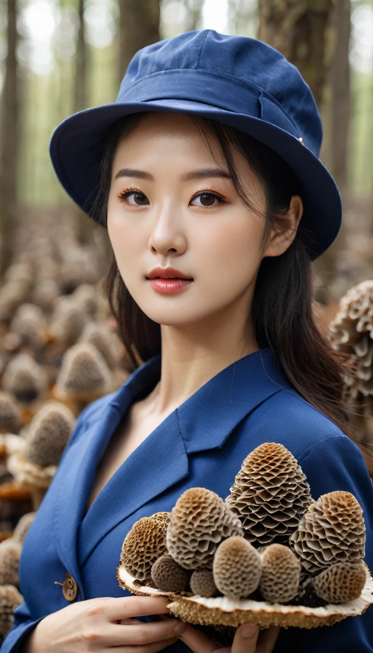 close up shot of beautiful korean female, 34 inch breasts size, wearing blue farm suit, harvesting morel mushroom in mushroom farm, bokeh background, UHD