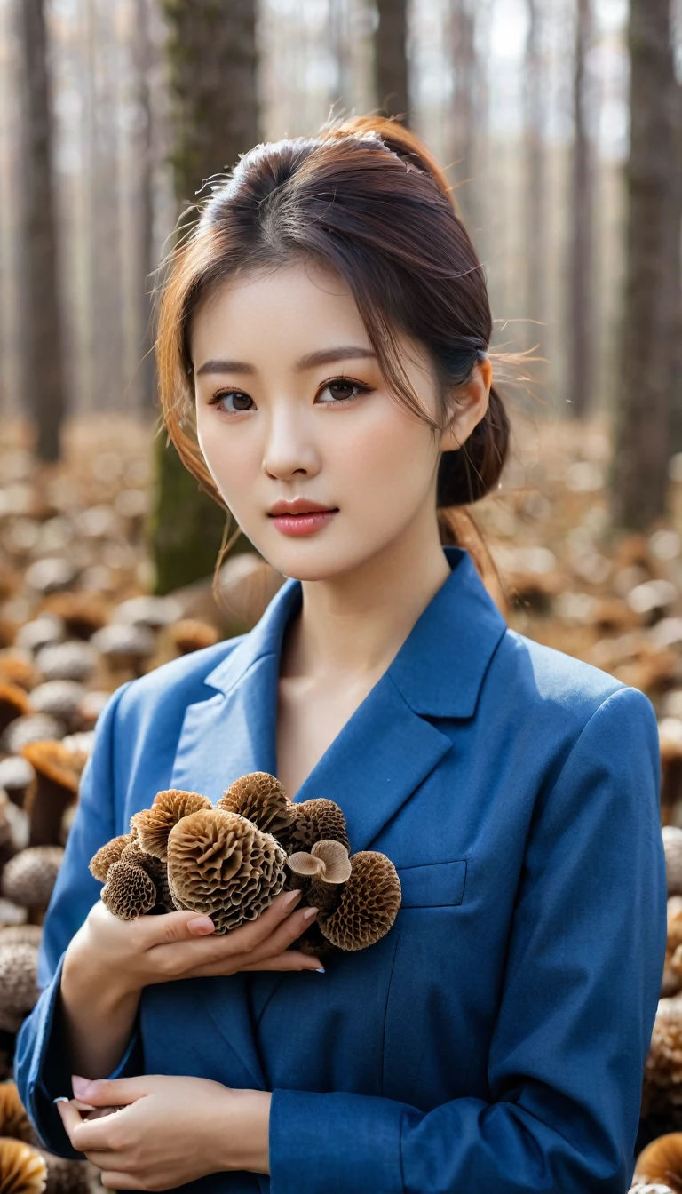 close up shot of beautiful korean female, 34 inch breasts size, wearing blue farm suit, harvesting morel mushroom in mushroom farm, bokeh background, UHD