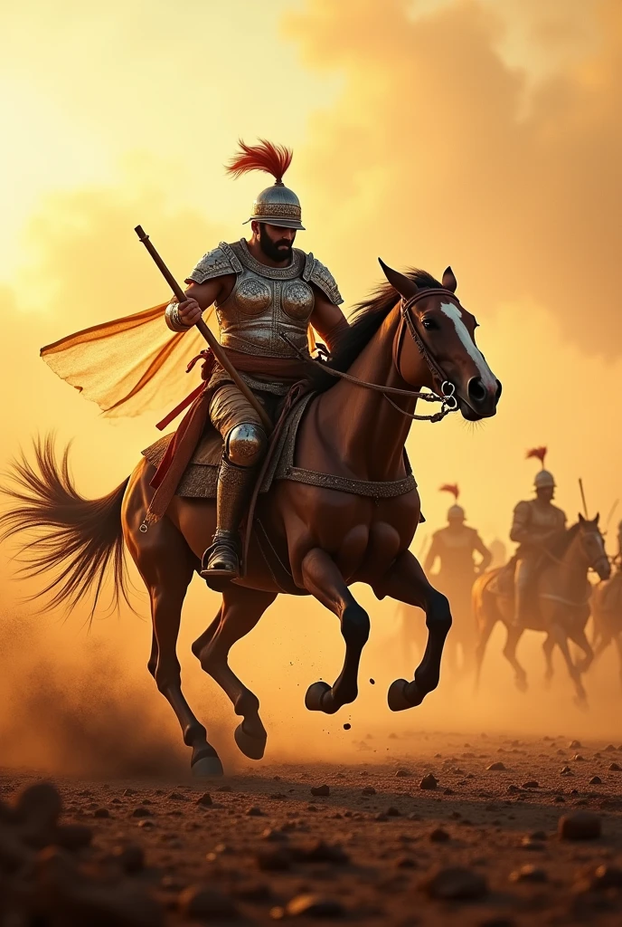 A dramatic scene depicting a fierce battlefield during the Battle of Haldighati. A brave horse, Chetak, with three legs on the ground and the fourth lifted, is running swiftly to escape danger, carrying an injured warrior dressed in traditional Rajput armor, symbolizing Maharana Pratap. Dust and chaos are in the background, with visible Mughal soldiers chasing."