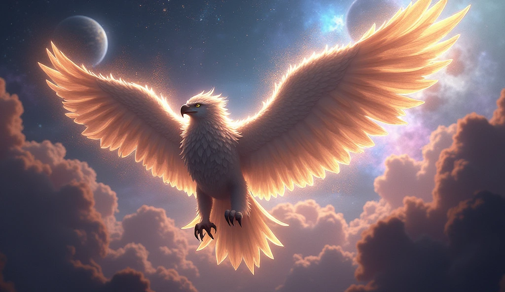 A majestic griffin flying through a cosmic space fantasy scene. The griffin, with the body of a lion and the head and wings of an eagle, has glowing feathers that reflect the light of distant stars. Surrounding it is a backdrop of vibrant nebulas and planets, with ethereal patterns on its wings. The scene combines elements of both fantasy and sci-fi, showcasing the griffin's powerful and mystical presence as it soars through the universe.