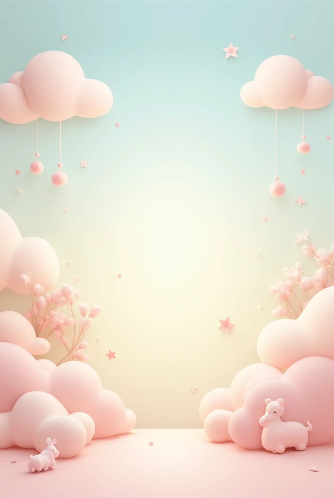 Generate a digital background image for a photo studio with a theme . The background should have a smooth texture and be visually appealing for baby portrait sessions.. Use pastel colors like pink, light blue, soft yellow, and make sure the texture looks delicate and cozy, with a fine art finish. The image may include subtle details such as clouds., stars, small animals or toys, but not including people. The design should leave enough clear central space where the Photoshop professional can place the baby.. The image should be high resolution, Perfect for digital editing and overlays."