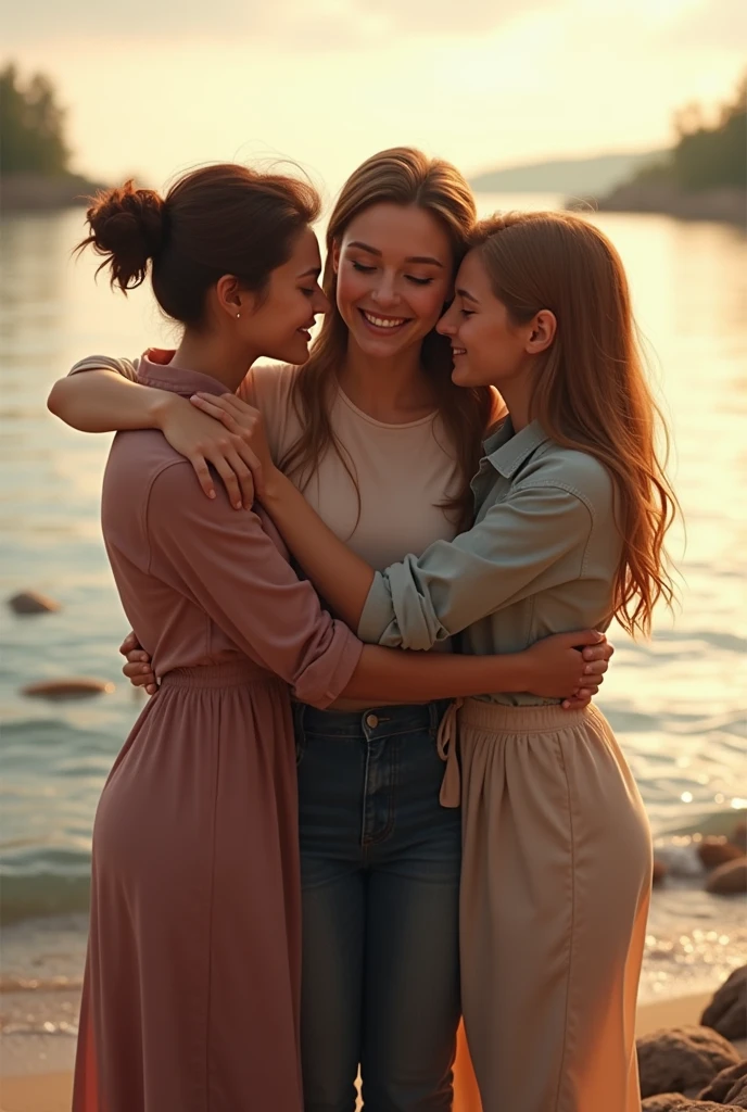 Create three friends from shore to shore hugging each other 