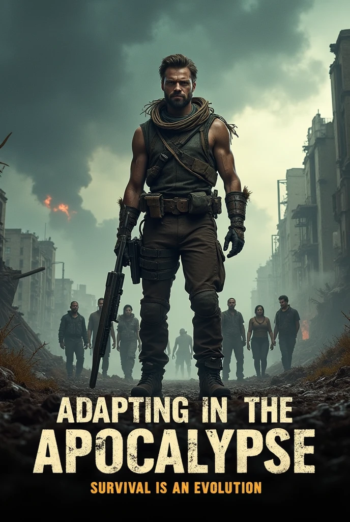 Create a detailed poster for a movie titled "Adapting in the Apocalypse." The poster features a rugged, battle-hardened protagonist standing in the foreground, with tattered clothing and makeshift armor, holding a weapon fashioned from scrap materials. His expression is determined, showing both strength and resilience. Behind him is a dystopian cityscape in ruins, with collapsed buildings, overgrown vegetation, and ominous storm clouds swirling in the sky. A small group of survivors, diverse in appearance, stand behind him, symbolizing the theme of unity and survival. The title "Adapting in the Apocalypse" is bold and weathered, placed at the top, with the tagline "Survival is an Evolution" below it. The color scheme is dark and gritty, with contrasting highlights that emphasize the intense atmosphere of a world in chaos.