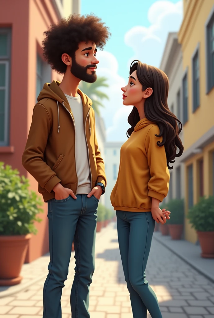Two young people around , a man and a woman, the man being taller and with very curly hair, both dressed in clothes, and the woman with straight hair. that the Latin men are a little whiter than the women, the man who does not have a beard like cartoons