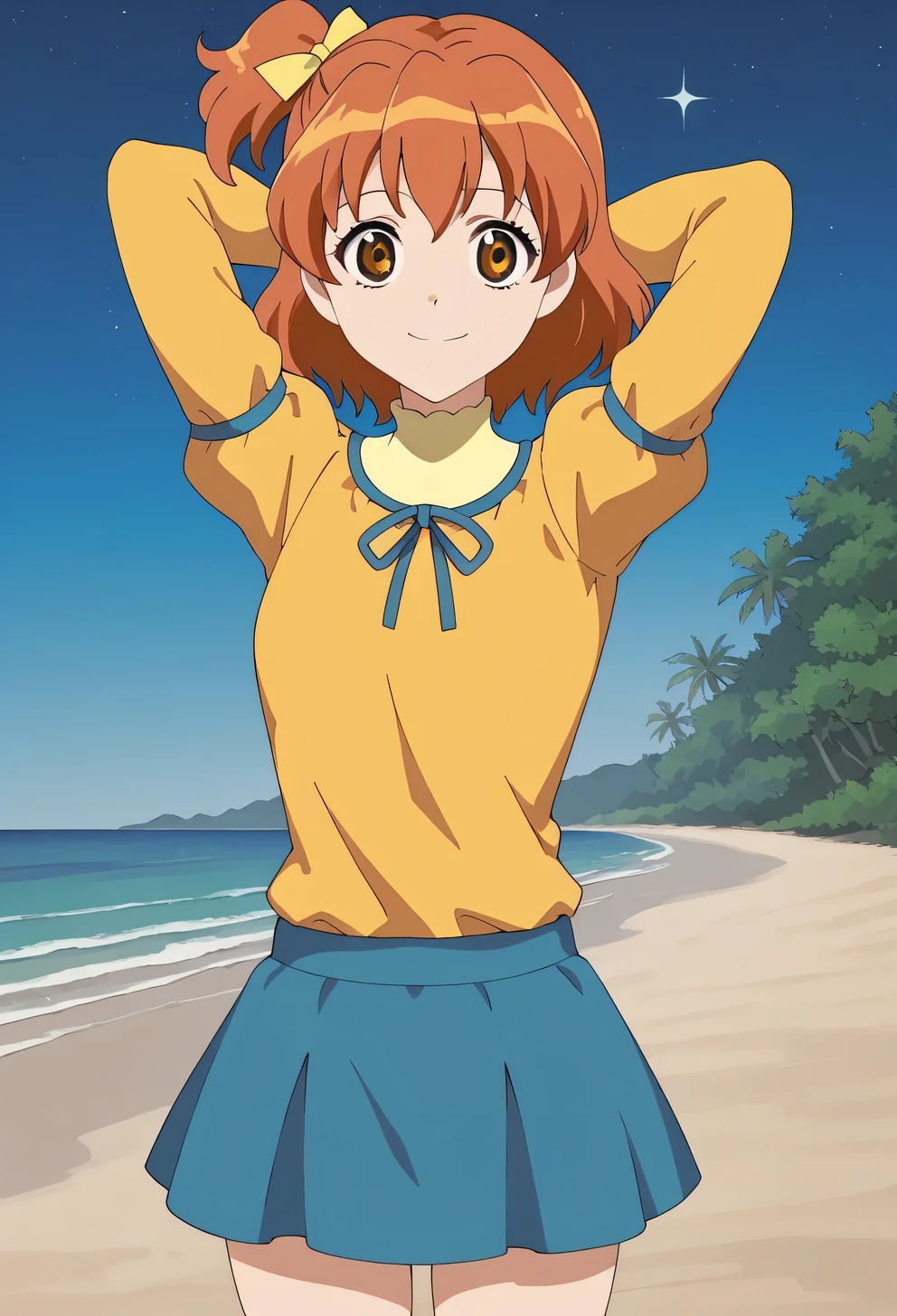 yamabuki inori, orange hair, brown eyes, medium hair, one side up, yellow ribbon, hair ribbon, yellow shirt, puffy sleeves, long sleeves, neck ribbon, blue skirt, shiny skin, looking at viewer, high quality, closed mouth, looking at viewer, smile, showing armpit, looking at viewer, solo, contrapposto, spread armpit, arms behind head, smile, looking at viewer, (cowboy shot:1.5), closed mouth, night sky, beach, best quality,