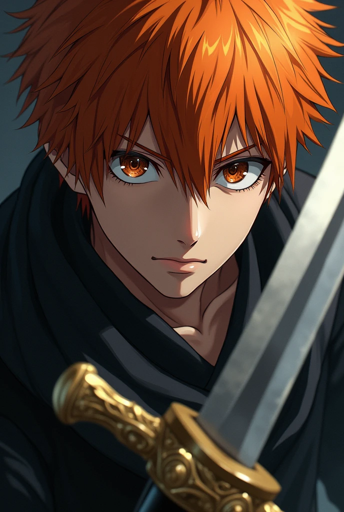 a detailed portrait of ichigo kurosaki, anime character, realistic detailed face, beautiful detailed eyes, beautiful detailed lips, extremely detailed features, long eyelashes, spiky orange hair, soul reper uniform, intense expression, holding a log big size katana, dramatic lighting, cinematic, digital painting, hyper realistic, 8k, intricate details, masterpiece