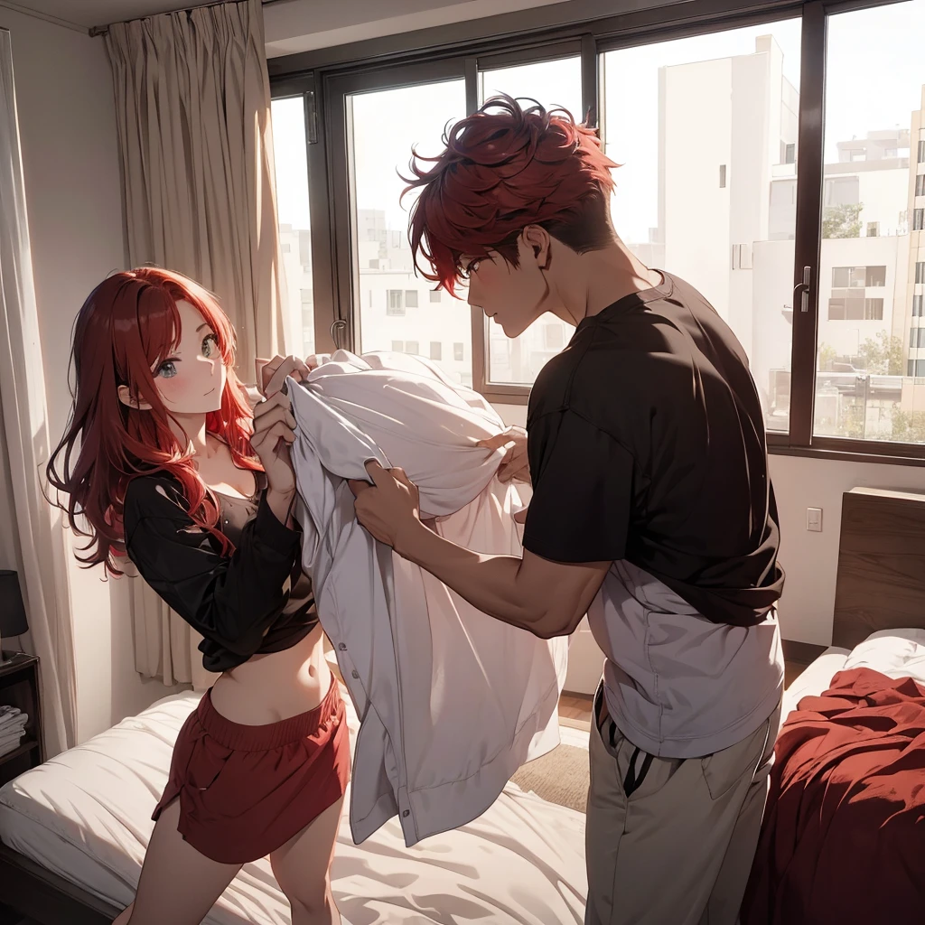 Red-haired shy princess sees a handsome man getting out of bed shirtless 