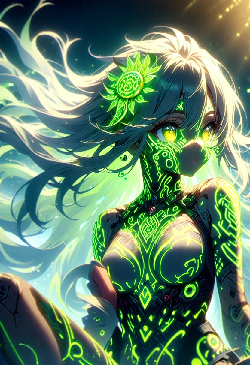 Anime screenshots、Artistic anime illustration of a woman adorned with glowing neon Aztec mechanical tattoos all over her body and face。The tattoos on his arms and legs are a mix of green and yellow, giving off a neon glow.。She has long, flowing hair。The scene has a dreamy soft-focus effect that accentuates the glow of the tattoo.、Black mark on the back of the hand、sit、、Close-up of face