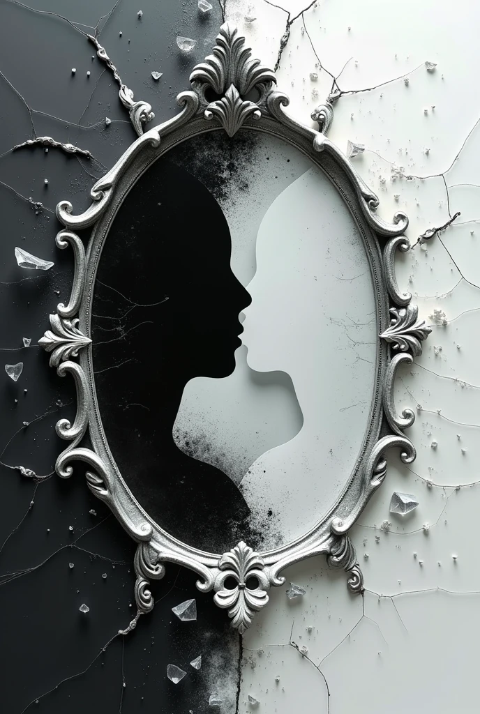 Create an image where the white color is attacked by the black color, where black did not exist before and white begins to take over. Represented with paint and porcelain texture. And that everything comes out through the cracks of a broken mirror and that reflections are seen. Black is elegant and powerful. White is pure and delicate