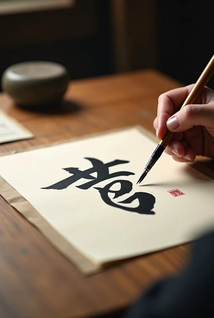 Calligraphy written with a brush on rice paper on the table。There are four treasures of the study on the table。
Only the writing hand and brush are shown in the picture