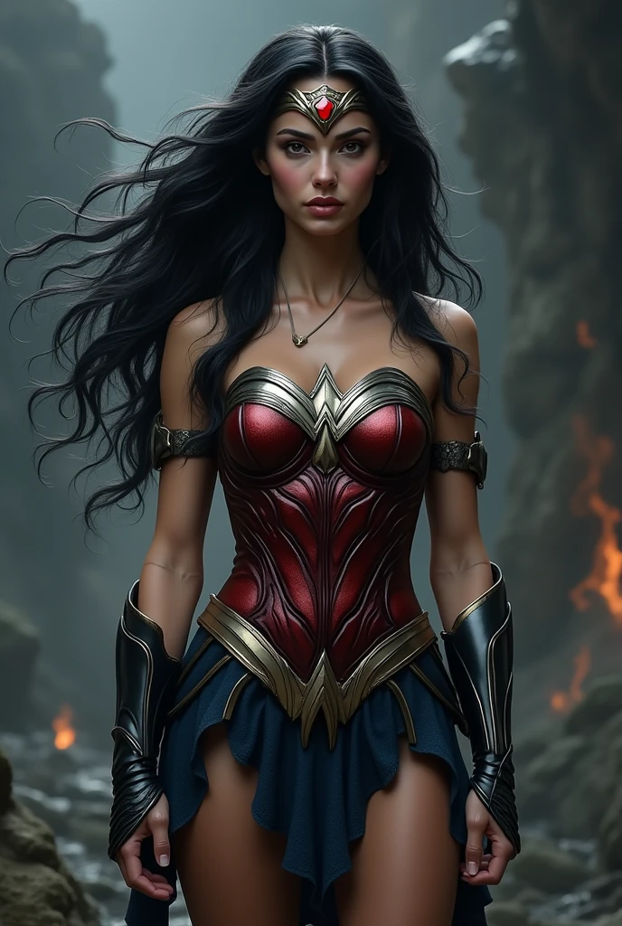 (((Simbionte Spiderman))),(((A beautiful woman with long black hair under the mantle of the Amazon warrior Wonder Woman))),(((Black metal headband with a red star on the front))),(((corset negro))),(((Long black boots up to her knees))),(((With Symbiote skin running all over his skin))) Black metal bracelets))),(((Simbionte Spiderman)))