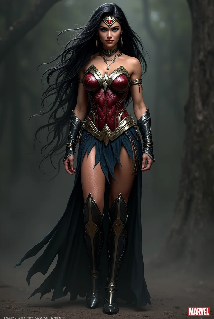 (((Simbionte Spiderman))),(((A beautiful woman with long black hair under the mantle of the Amazon warrior Wonder Woman))),(((Black metal headband with a red star on the front))),(((corset negro))),(((Long black boots up to her knees))),(((With Symbiote skin running all over his skin))) Black metal bracelets))),(((Simbionte Spiderman)))
