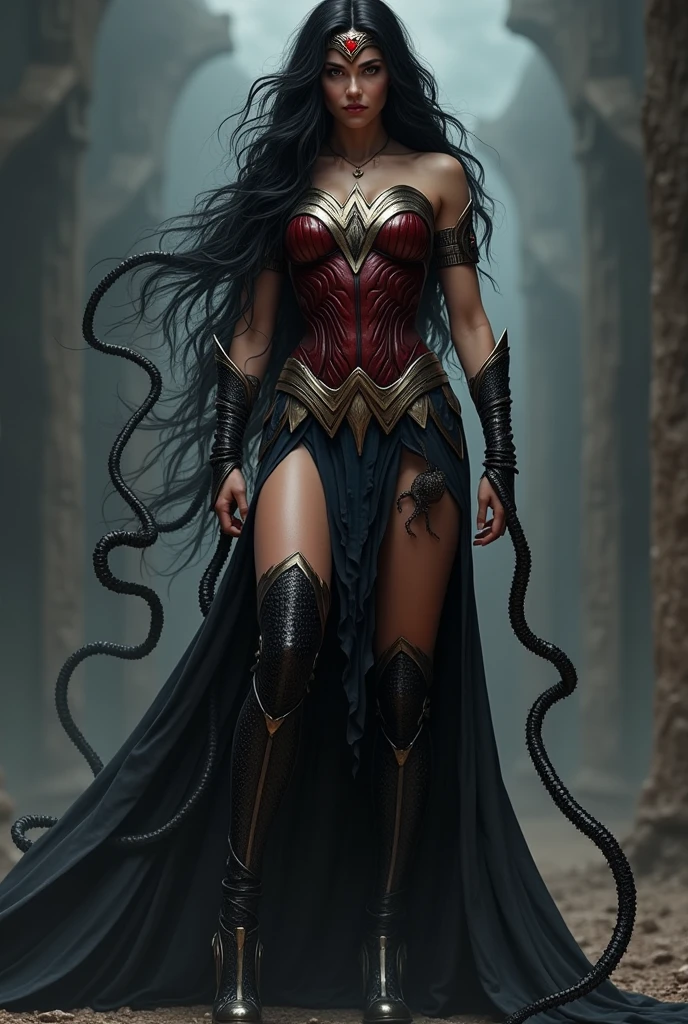 (((Simbionte Spiderman))),(((A beautiful woman with long black hair under the mantle of the Amazon warrior Wonder Woman))),(((Black metal headband with a red star on the front))),(((corset negro))),(((Long black boots up to her knees))),(((With Symbiote skin running all over his skin))) Black metal bracelets))),(((Simbionte Spiderman)))
