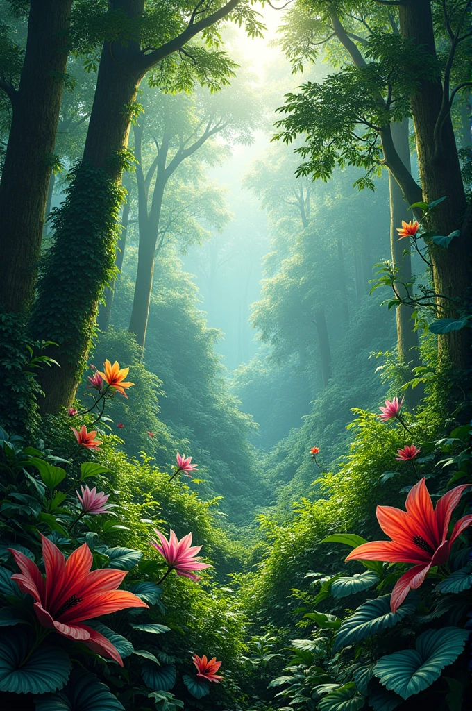 "This vibrant photo captures a dense, verdant jungle teeming with life. Tall, leafy trees form a lush canopy overhead, their rich green foliage filtering dappled sunlight onto the forest floor. A tangle of vines and ferns creates a thick, textured undergrowth, while colorful tropical flowers add splashes of bright reds, pinks, and yellows. The scene is alive with the vibrancy of nature, exuding a sense of flourishing, unspoiled beauty and tranquility amidst the dense greenery."