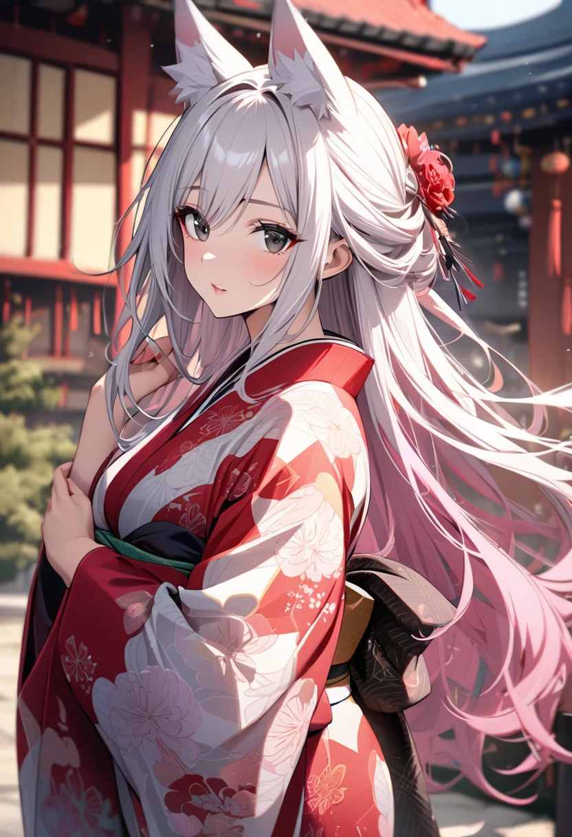 girl, mature, adult, fox ears, white hair, pink hair, long hair, black eyes, beautiful eyes, beautiful color, high detail, beautiful background, kimono