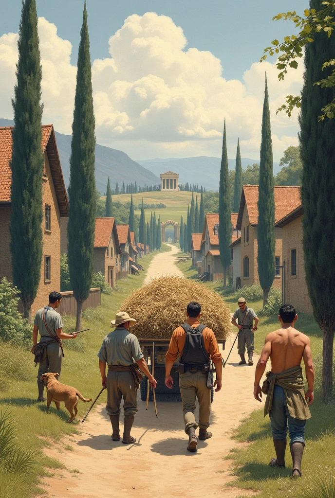There was a landscape and houses of the type appropriate for peasants, some larger, other smaller ones. Near the huts there were slender cypresses. It was not possible to see them whole, because the houses covered them, but its top could be seen rising above the roofs. Four men came out of the houses, One of them called a boy who was standing near him by his right hand and it was clear that he was giving instructions.. Another man had turned to the first, as if hearing the voice of a boss. quarter, moving forward a little from the door, He extended his right hand and in the other he carried a stick, He seemed to shout something to the other men who were working hard next to a cart.. Because just at that moment the car, fully charged, I couldn't tell if it was straw or some other load., had left the field and was in the middle of the road. But two men were trying, rather carelessly, to keep it in place one to one, the other in another, He was holding the load with a stick; Of the second one only the head and part of the chest were visible, But from his face it looked as if he was holding the load with his hands., Although the rest of his body was hidden by the car. And as for this one, It was not a four-wheeled vehicle, but had only two: and for this reason the load was shaking and the two dark red oxen, well fed and with broad necks, They were in dire need of help. A belt held the ox-driver's tunic down to the knee., and this one the reins in his right hand, pulling them, and in his left hand he held a rod or stick. But he had no need to use it to spur the oxen.. The oxherd also had a dog, to be able to sleep and still have a sentry. And there the dog ran alongside the oxen. This car was approaching a temple: Some columns indicated it, peeking through the trees