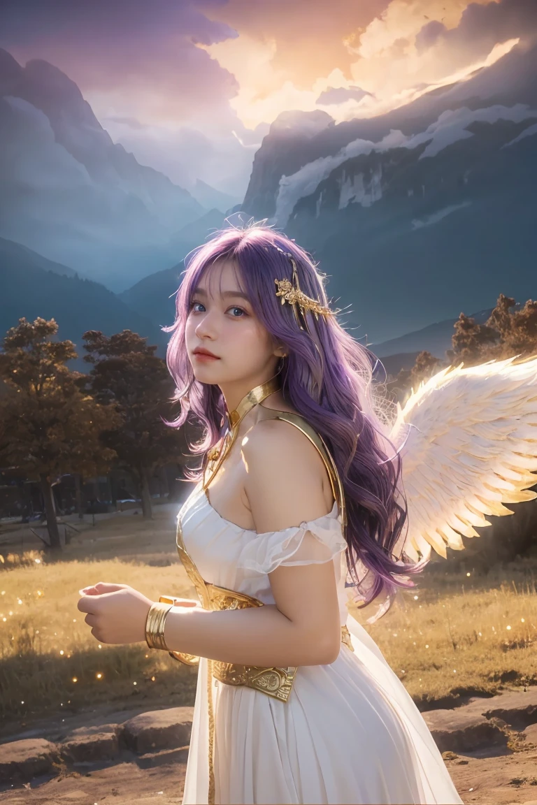 ((Masterpiece, best quality, very detailed), Volumetric light, surrounding occlusion, colorful, glow), 
1 woman, alone, young girl, (purple hair), long hair, radius, Aura, sacred, goddess, Priest uniform, (White dress with gold decorations:1.3), angel wings,
outdoor, sunset, sky, cloud, space, (Fantasy Theme:1.2),