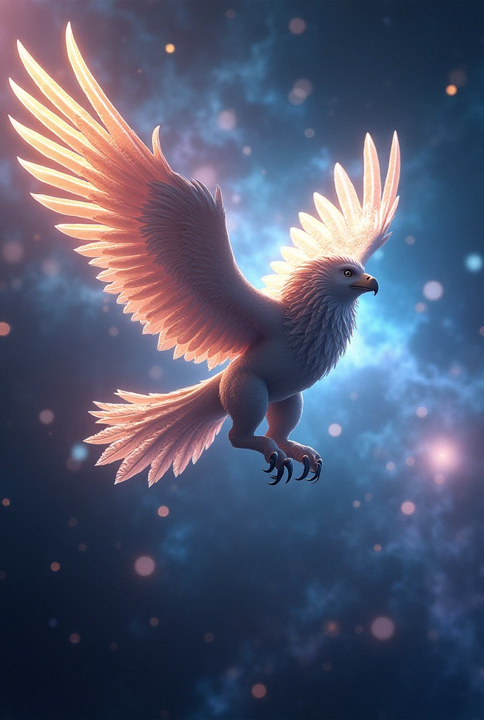 Side view, A majestic griffin flying through a cosmic space fantasy scene. The griffin, with the body of a lion and the head and wings of an eagle, has glowing feathers that reflect the light of distant stars. Surrounding it is a backdrop of vibrant nebulas and planets, with ethereal patterns on its wings. The scene combines elements of both fantasy and sci-fi, showcasing the griffin's powerful and mystical presence as it soars through the universe.